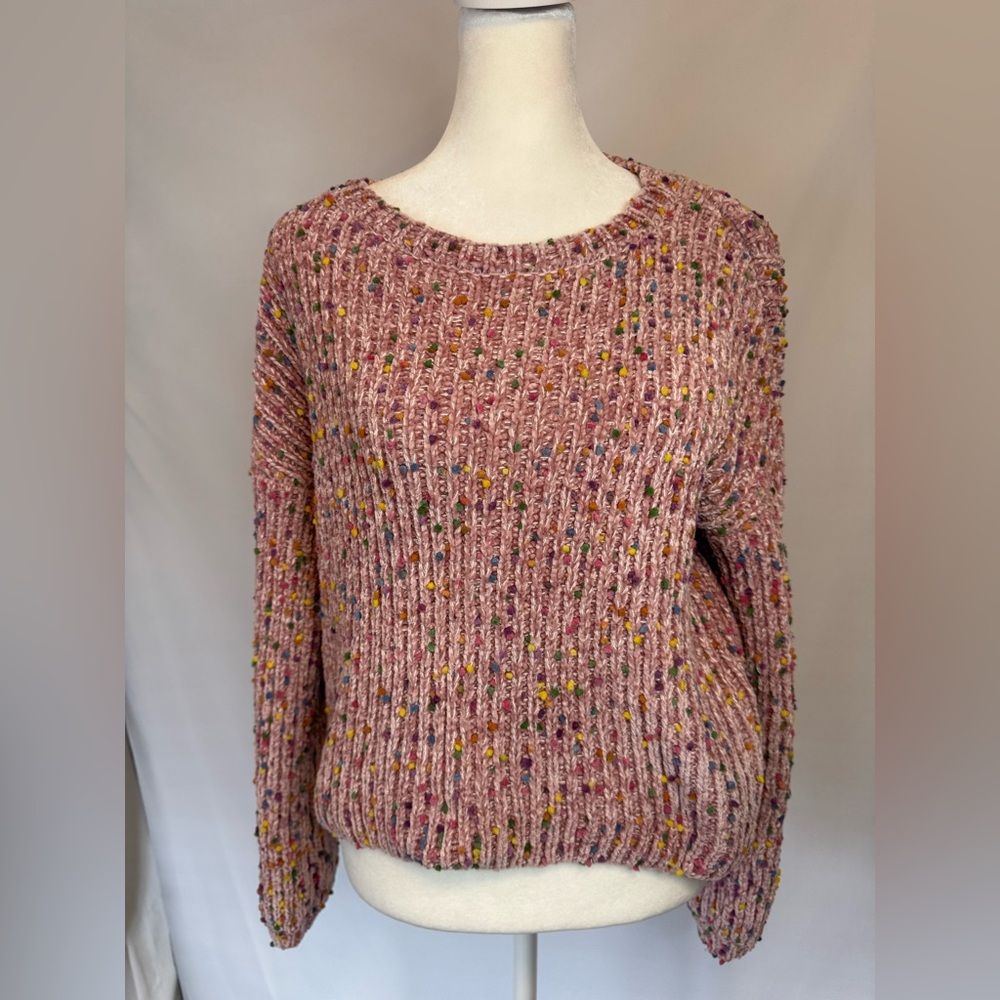 Stylish Pink Speckled Women's Sweater, Crew Neck w/ textured dots pattern